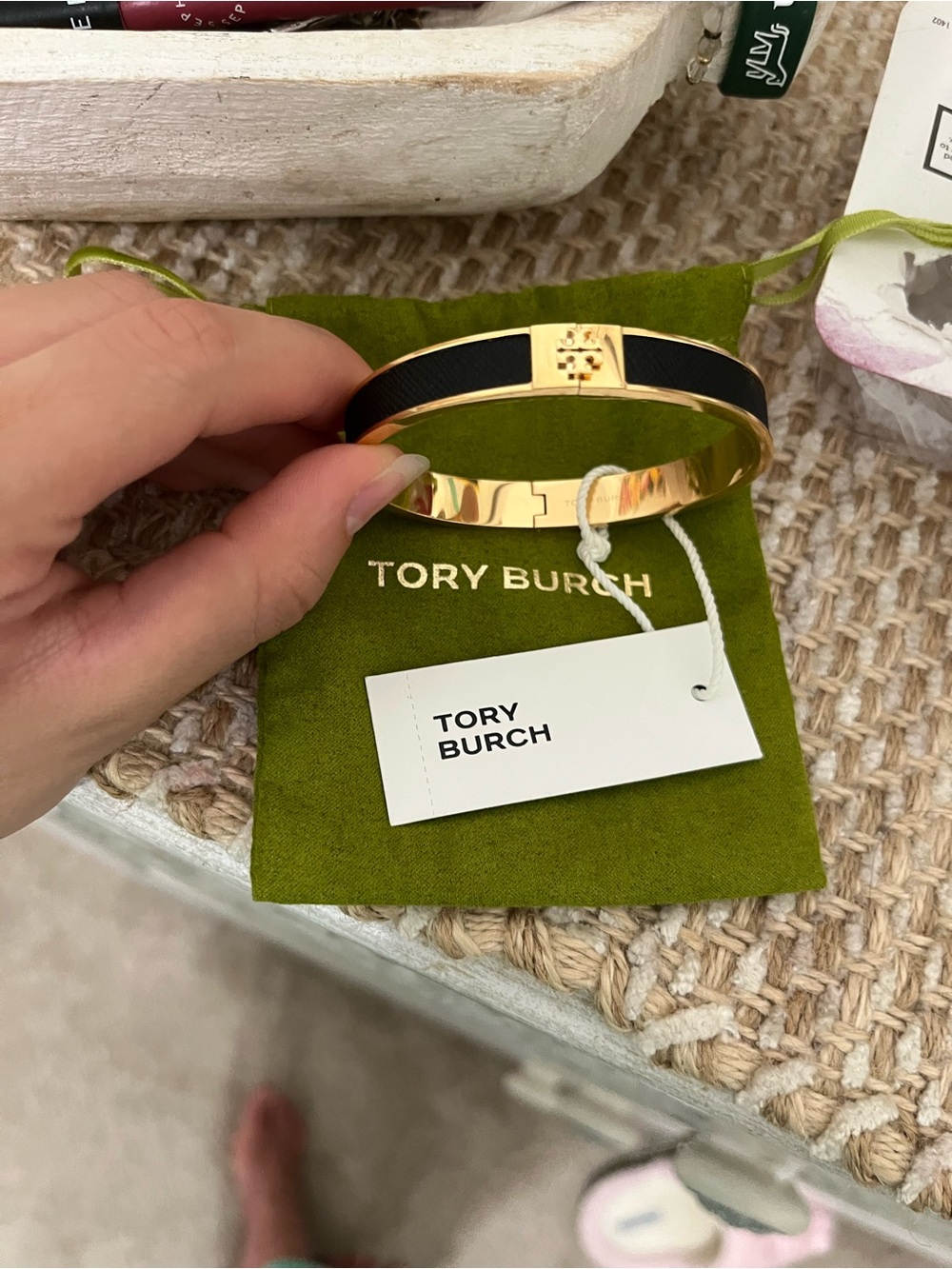 Tory Burch Black and Gold Logo Enamel Hinged Bangle